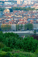 France. Lyon. vue du centre de la ville, le Rhône et le quartier de l'opéra, depuis la colline de Fourvière. view of the city center, the Rhône and the opera district, from the Fourvière hill.