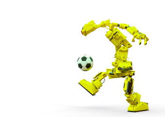 friendly robot is playing football in white background side view with copy space