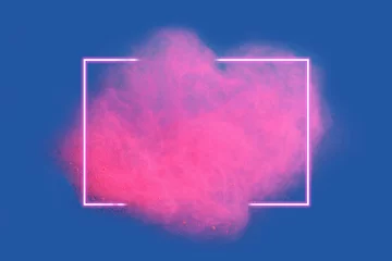 Foto op Plexiglas Volle maan Pink neon powder explosion with gliwing frame on blue background. Colored cloud. Colorful dust explode. Paint Holi.