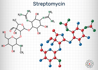 Streptomycin, C21H39N7O12 molecule. It is an aminoglycoside antibiotic. Structural chemical formula and molecule model. Sheet of paper in a cage