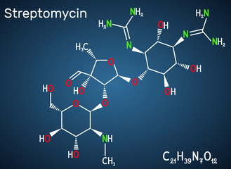 Streptomycin, C21H39N7O12 molecule. It is an aminoglycoside antibiotic. Structural chemical formula on the dark blue background