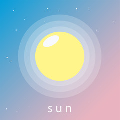 Vector flat Illustration of the Sun on a morning colors gradient backgroud with constellation of stars and soft light. Used for logo, icon or templates for web