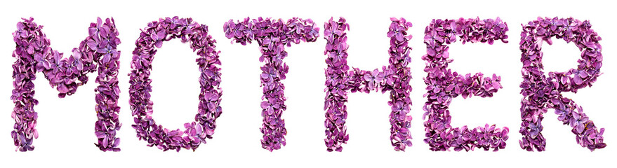 MOTHER word text made of pink flowers isolated on white background. Material for lettering..