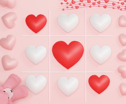 Pastel of heart in XO tic-tac-toe game Happy Valentine's and anniversary Day. Sale background. Minimal concept