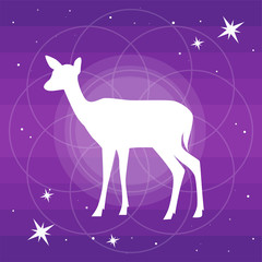 Vector silhouette of deer or doe flat Illustration on a  gradient purple backgroud with constellation of stars and soft light around mandala. Mystic, astrology, magic concept
