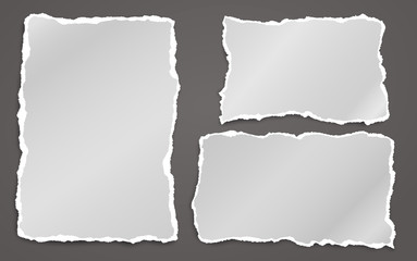 Set of torn white note, notebook paper strips and pieces stuck on black background. Vector illustration