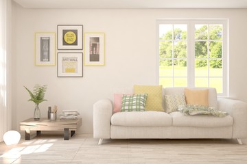 Stylish room in white color with sofa and summer landscape in window. Scandinavian interior design. 3D illustration