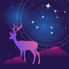 Vector flat Illustration on night colors gradient backgroud with constellation of stars, natal chart and soft light and clouds and gradient doe or deer. Used for ux, ui design or templates for web