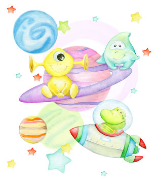 Alligator flying on a rocket. In space, surrounded by stars and planets, with aliens. Watercolor concept, on an isolated background. Illustration for children.