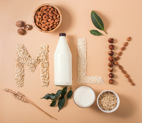 Plant based vegan milk, healthy alternative drink in bottle on wooden background, word milk, letters made of ingredients for plant milk