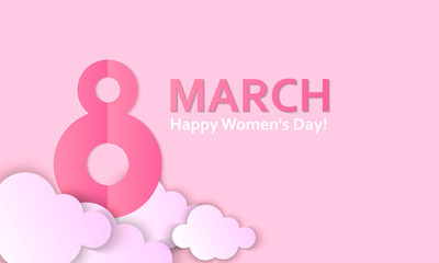 Womens day horizontal postcard or banner with eight sign and paper cut clouds on a pink background.