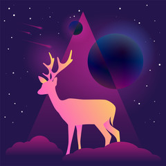 Obraz na płótnie Canvas Vector flat Illustration on night colors gradient backgroud with constellation of stars, misty planets, asteroids and clouds and gradient doe or deer. Used for ux, ui design or templates for web