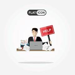 Business man needs help under a lot of documents in office at the desk and holding a HELP placard.