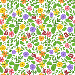 Bright floral seamless pattern.Flowers,twigs,leaves.Color vector illustration. Spring, summer design of wrapping paper and textiles. Element with stroke are located tightly to each other,drawn by hand