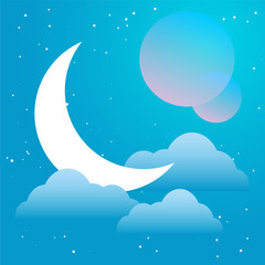 New moon vector flat Illustration on a blue colors gradient backgroud with constellation of stars, clouds, two planets and soft light. Used for logo, icon or templates for web