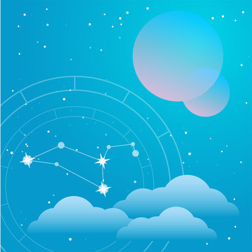 Vector flat Illustration of Two planets on a blue colors gradient backgroud with constellation of stars, clouds, natal chart and soft light. Used for logo, icon or templates for web