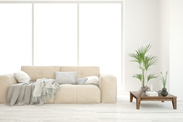 Stylish room in white color with sofa. Scandinavian interior design. 3D illustration