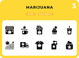 Marijuana Glyph Icons Pack for UI. Pixel perfect thin line vector icon set for web design and website application.