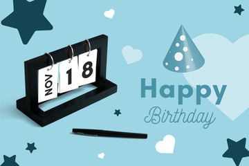 November 18th calendar for anniversary. Day 18 of month. Birthday card message for print.