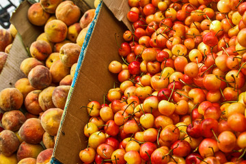 Cherry fruit in boxes at an outdoor market