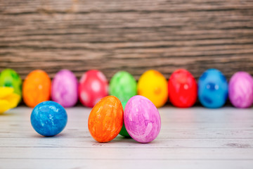 Beautiful group Easter eggs in the spring of easter day, red eggs, blue, purple and yellow with tulips on the  wood table background