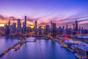 Chicago downtown buildings skyline aerial sunset Navy Pier - Powered by Adobe