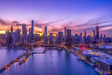 Foto op Plexiglas Chicago downtown buildings skyline aerial sunset Navy Pier © blvdone