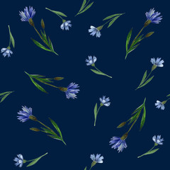 Fototapeta na wymiar Seamless watercolor pattern with blue cornflowers and green foliage on dark blue background. Vintage style. Centaurea floral pattern for wrapping paper, fabrics, invitations.