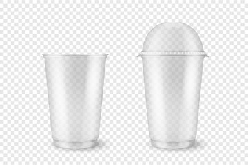 Vector Realistic 3d Empty Clear Plastic Opened, Closed Disposable Cup Set Closeup Isolated on Transparent Background. Design Template of Packaging Mockup for Graphics - Milkshake, Tea, Juice, Lemonade