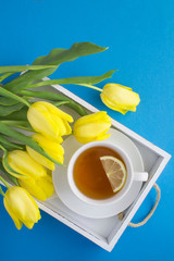 Fototapeta na wymiar Black tea in the white cup and yellow tulips on the white wooden tray on the blue background. Top view. Copy space. Location vertical.