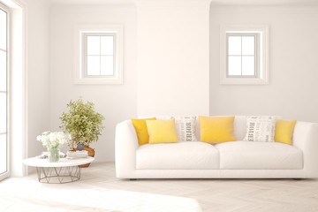 Minimalist room in white color with sofa. Scandinavian interior design. 3D illustration