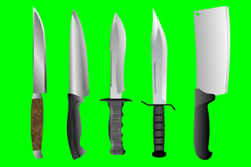 Set of 5 Different Types of Knives on Chroma Key Green Screen Background