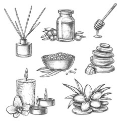 Sketch Thai spa massage, aromatherapy and wellness - obrazy, fototapety, plakaty
