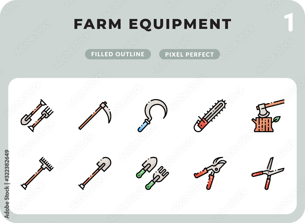 Poster farm equipment filled icons pack for ui. pixel perfect thin line vector icon set for web design and 