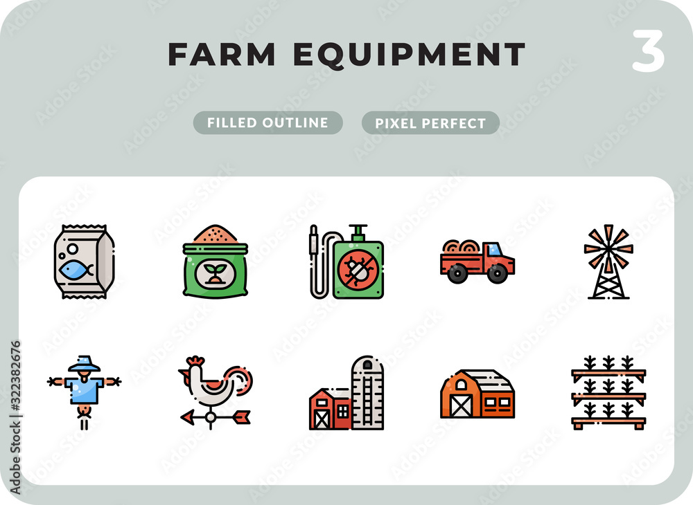 Poster farm equipment filled icons pack for ui. pixel perfect thin line vector icon set for web design and 