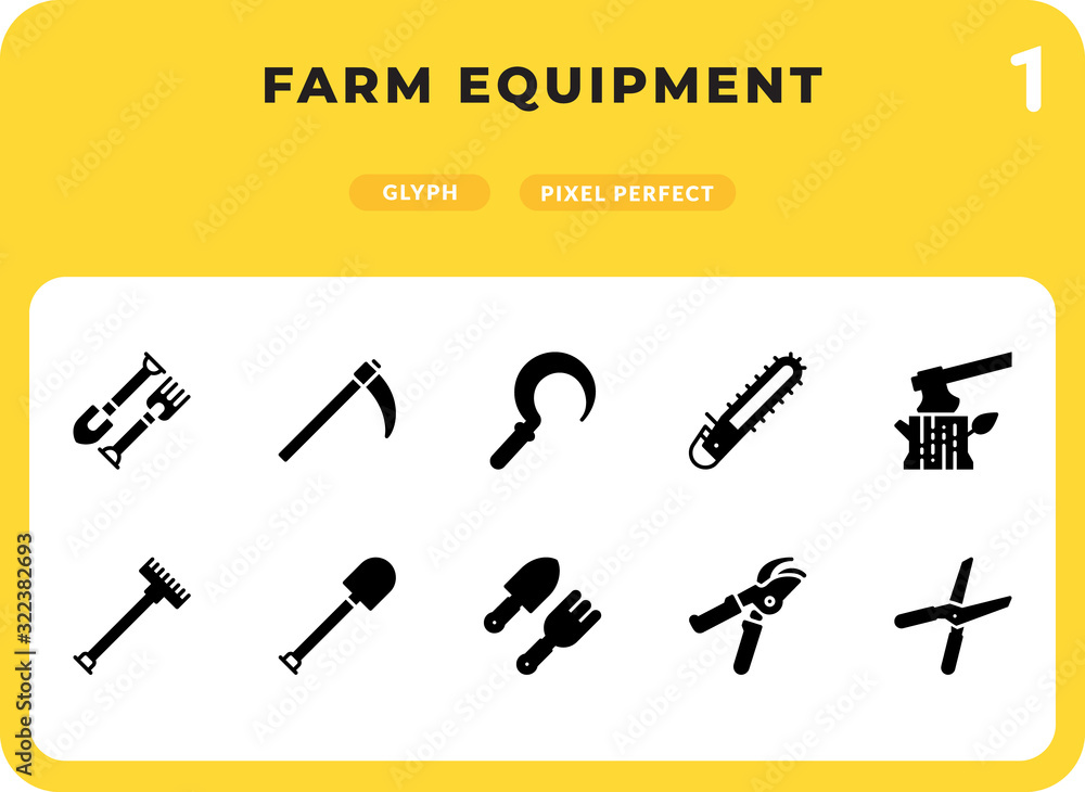 Poster farm equipment glyph icons pack for ui. pixel perfect thin line vector icon set for web design and w