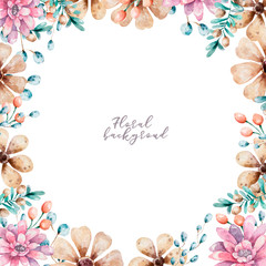 Circle frame. Hand painted plants, branches, leaves, succulents and flowers on white background. Natural card design. Watercolor style