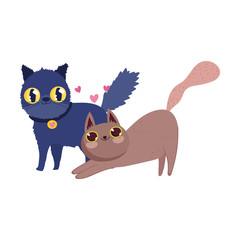 cartoon black and brown cats hearts love adorable feline pets