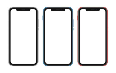 Set of three differently colored smartphones with white blank screens.