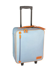 Light blue orange leather travel suitcase isolated on white