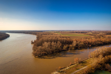The confluence of the rivers Danube and Morava near Bratislava, Slovakia, Europe.