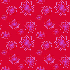 Naklejka na ściany i meble Seamless repeat pattern with pink flowers on red background. drawn fabric, gift wrap, wall art design, wrapping paper, background, fabric print, web page backdrop.