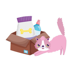 cat with food package and veterinary bottle cartoon pets