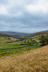 A scenic view of a mountain valley with grassy green slope, rueal road lane, trees and farm building under a stormy grey sky
