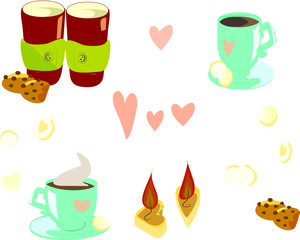 Cups for valentines day.Couple coffee for lovers on Valentine's Day. Big romantic collection of coffee and tea ceramic cups