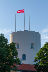 Flag of Latvia on a tower in Riga