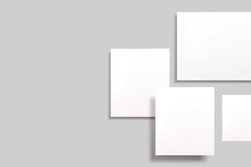 Mood-board composition template, boards of inspiration, stories and portraits with blank photo cards, frame glued with adhesive tape on wooden background with geometric shadow overlay.