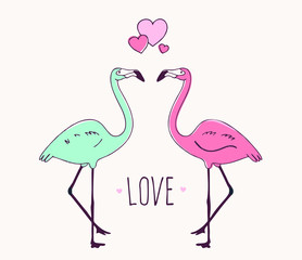 Obraz premium pair of flamingos on a white background