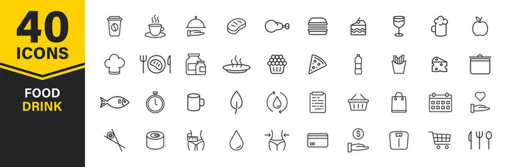 Set of 40 Food and Drink web icons in line style. Coffe, water, eat, restaurant, fastfood. Vector illustration.