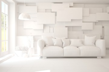 Mock up of stylish room in white color with sofa. Scandinavian interior design. 3D illustration